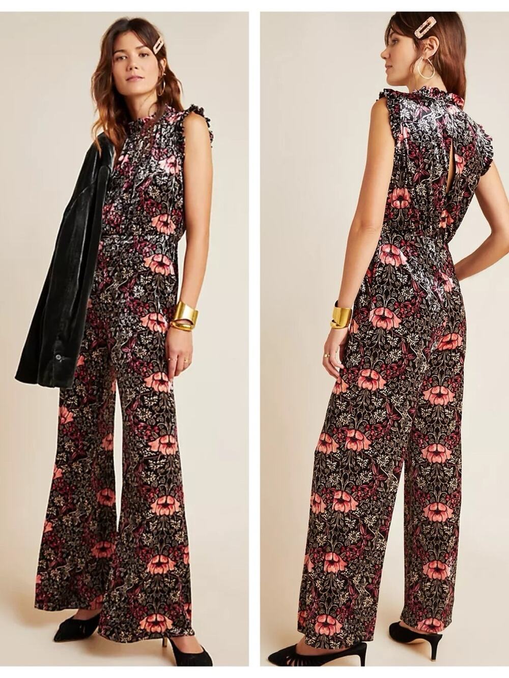 Ali & Jay Etienne Velvet Floral Ruffle Jumpsuit Size S